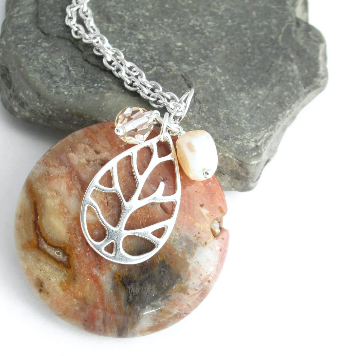 Round Fossil Wood Pendant Sterling Silver Tree Charm Freshwater